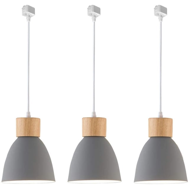 FSLiving 3-Lights J-Type Track Lights Dimmable Track Mount Pendant Lighting Fixtures w/ Macaron Aluminum Shade Customizable - Bulb Not Included (Grey)