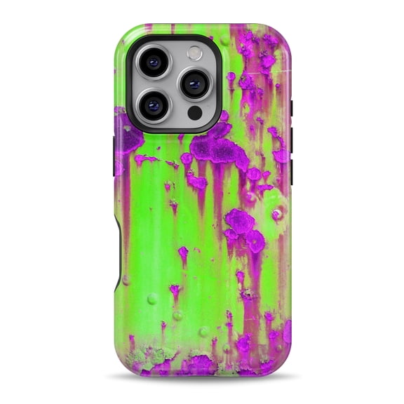 DesignSkinz Scratch-Resistant Hard Slim Case Compatible with iPhone 16 (Compatible with MagSafe) - Lime Green Metal with Hot Purple Rust