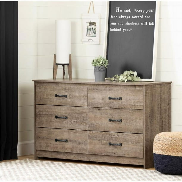 Pemberly Row Farmhouse 6 Drawer Double Dresser in Weathered Oak