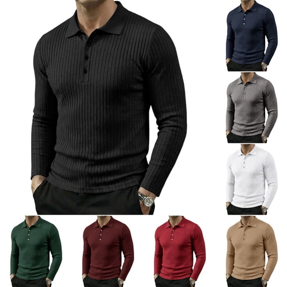 Domuza Men's Casual Knit Polo, Long Sleeve Button Collar Sweater, Lightweight Solid Color Top for Office Daily Black 3XL