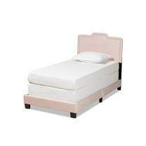 Benjen Glam Light Pink Velvet Fabric Upholstered Twin Size Panel Bed