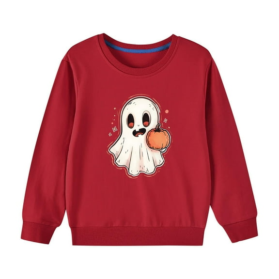 Odeerbi Kids Boys Girls Halloween Ghost Crewneck Sweatshirts Fall Winter Cotton Sweatshirt Kids Kids Cute Solid Color Halloween Print Long Sleeve Sweatshirts Top Kids Clothes Red