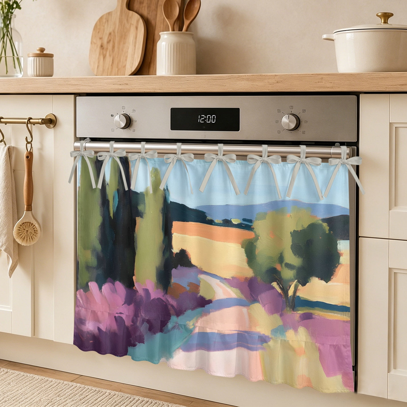 Rural Road Oven Skirt Curtain Rustic Cottagecore Pink Tall Trees Green Distant Hills Tie Top Tier Curtains Stove Dishwasher Skirt Small Window Drapes for Kitchen Bathroom Cafe 27 x20