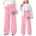 thumbnail image 2 of Girl's Leopard Print Valentine Joggers Patched Drawstring Waist Wide Leg Y2K Pants Girls Wide Leg Sweatpants Pink 13 Y-14 Y, 2 of 4