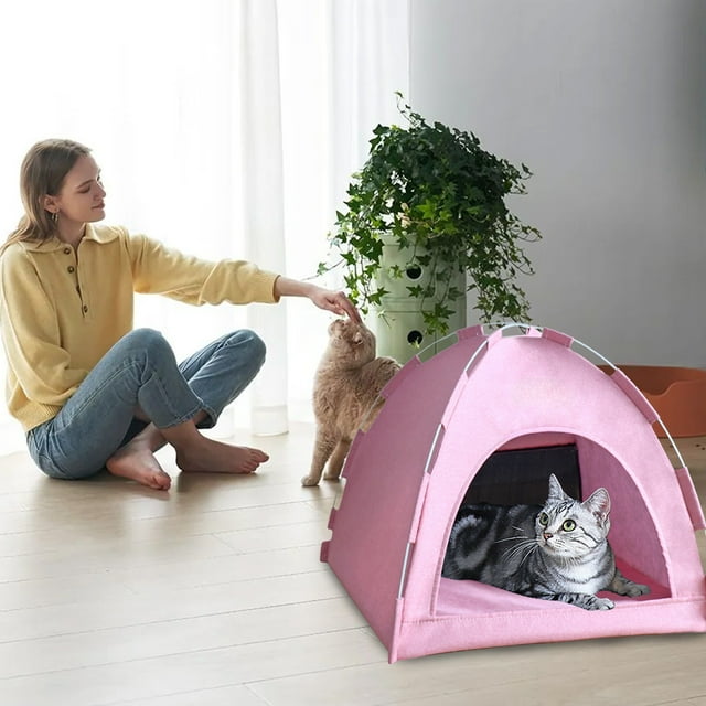 Tienda para mascotas toda la temporada | Casita plegable para perros y gatos | Ventilación de malla transpirable | Colchoneta de enfriamiento de verano con cojín reversible | Tela similar al lino |