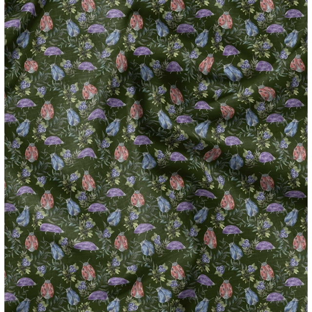 Soimoi Tissu Vert en Coton Cambrique Imprimé Insectes 1 Yard 56 Pouces de Large