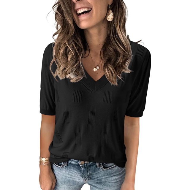 Arach&Cloz Women's V-Neck Short Sleeve Special Rib Knitted Pattern Casual Tops Sweater Spring Summer 2025