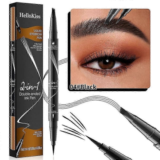 Lápiz líquido para cejas Hellokiss, 2 en 1, doble punta, 4 puntas de horquilla naturales, líquido para cejas, negro