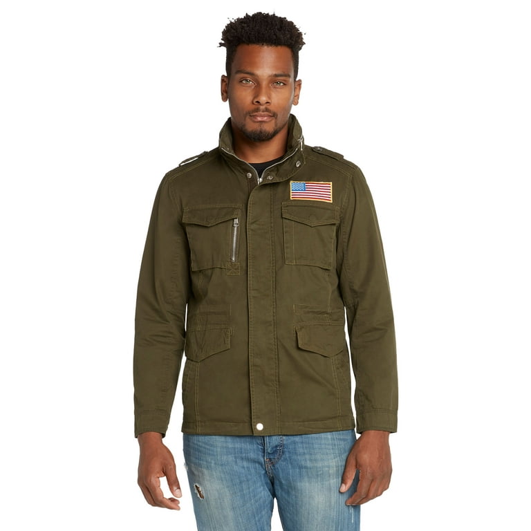 9 Crowns Men's Stand Collar USA American Flag Front Zip Utility