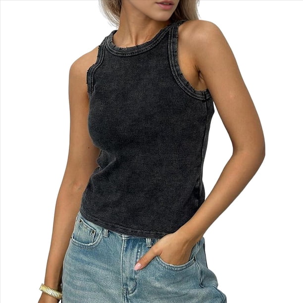 Camisola Estilo Retro Sin Mangas, Estilo Urbano, con y Teñido Anudado, Ropa de Verano para Exteriores. Negro S