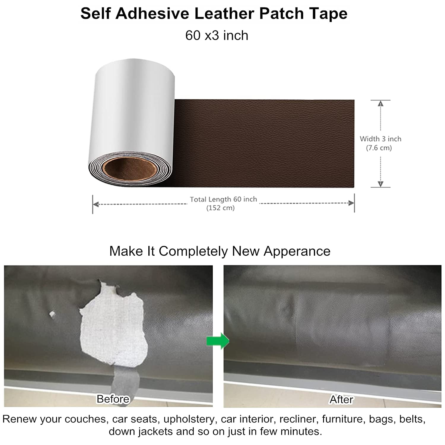 Leather and Vinyl Repair Tape 3x60 inch, Strong Adhesion Backing Self Adhesive Vinyl and Leather Repair Kit for Car Seat, Couch, Furniture, Jacket. Bonded Leather Repair Roll