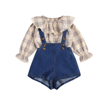 

Canrulo Newborn Baby Girls Long Sleeve Ruffle Collar Plaid Pullover Suspender Pants Apricot 0-6 Months