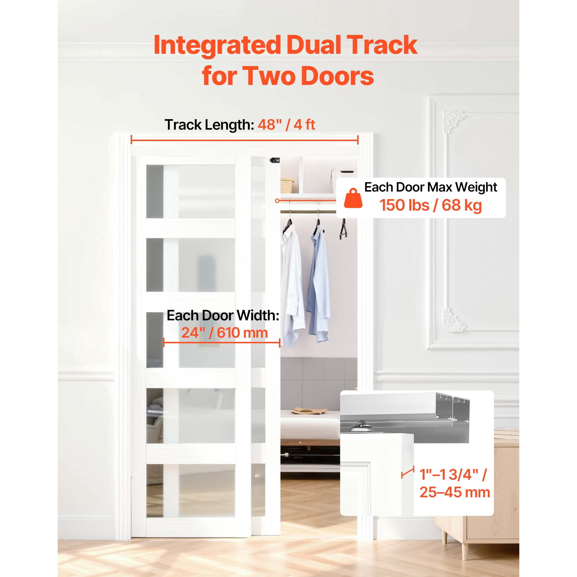 KFFKFF 4 ft Aluminum Alloy Bypass Sliding Door Hardware Kit, Dual-Track System for Smooth and Quiet Operation, Compatible with 1" to 1 3/4" Thick Doors, Fits 24" Wide 2-Door Closets,Easy Installation