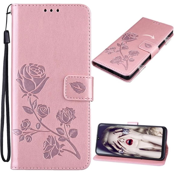 Wallet Case for Samsung Galaxy A23/Galaxy F23/Galaxy M23, [Wrist Strap] Rose Flower Cover with Credit Card Holder Cash Pockets Flip Phone Case for Samsung Galaxy A23/M23/F23 RS Pink