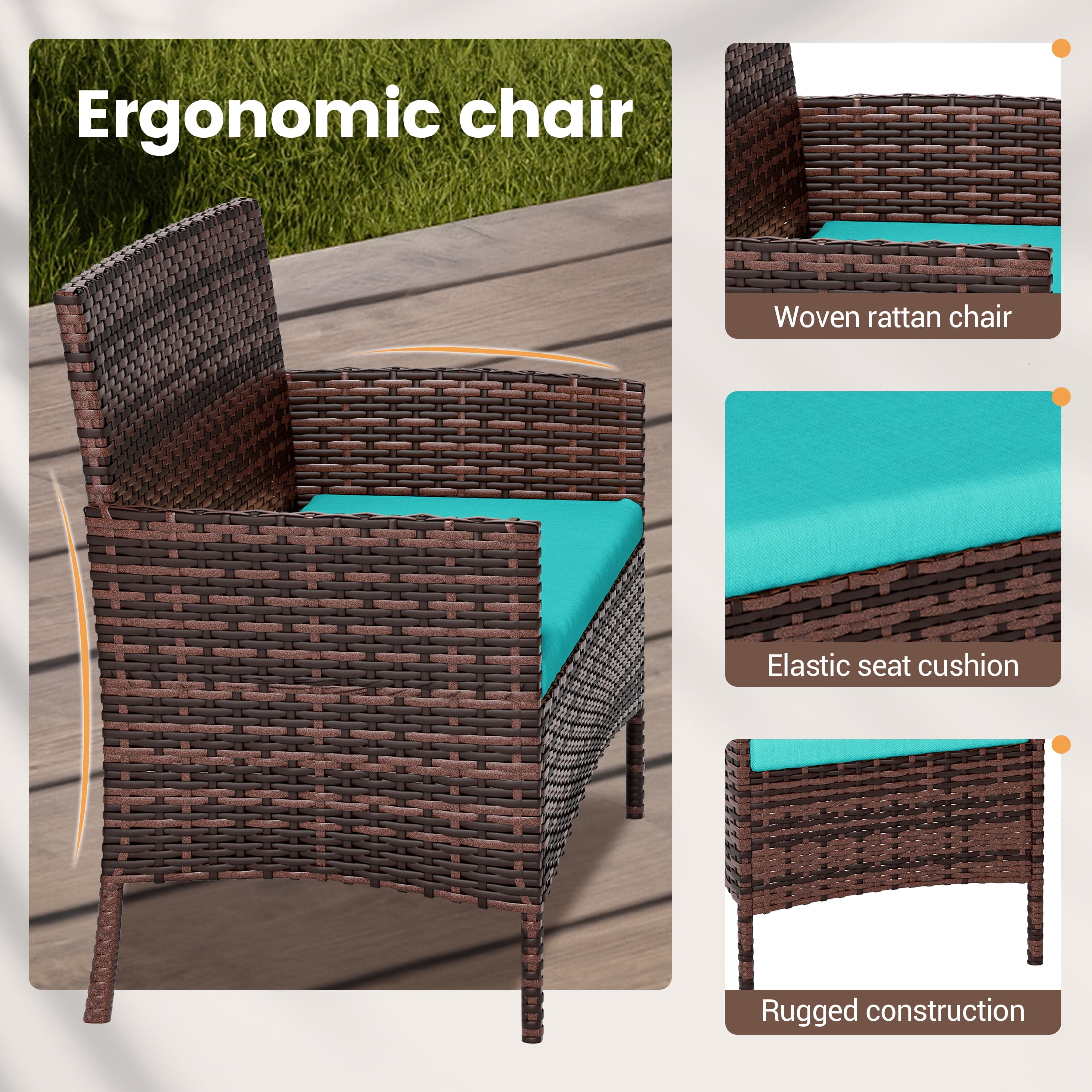 UDPATIO 4 Pieces Outdoor Patio Furniture,Sectional Conversation Sets,Brown PE Rattan Patio Chairs with Table and Loveseat for Balcony, Porch, Backyard,（Turquoise Cushion）