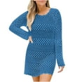 thumbnail image 4 of Ashirexll Summer Dress Bathing Suit Hollowed Out Cover Up for Beach Pool Swimwear Crochet Dress Long Sleeve Loose Plus Size Beach Dress Blue S, 4 of 4