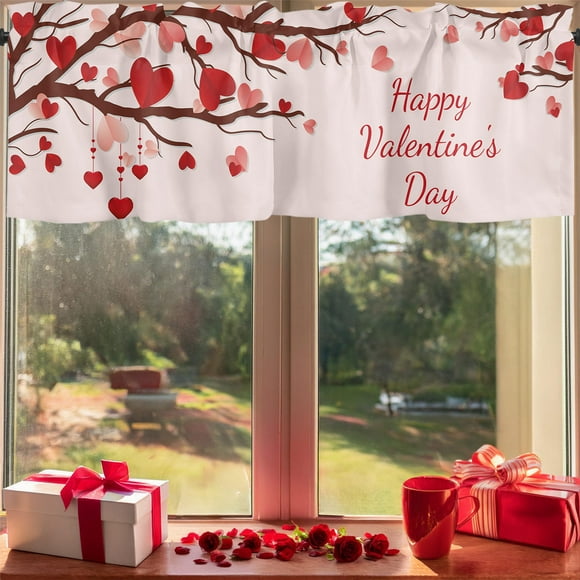 Fridja Valentines Day Kitchen Curtains Valances 54 x 18 Inch Red Pink Love Heart Graphic Window Treatment Valance for Bedroom Bathroom Living Room Party Decor