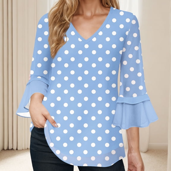 Jsaierl 3/4 Flounce Sleeve Chiffon Tops for Women Summer V Neck Shirts Fashion Print Petite Blouses Classic Holiday T-shirts Top S-2XL