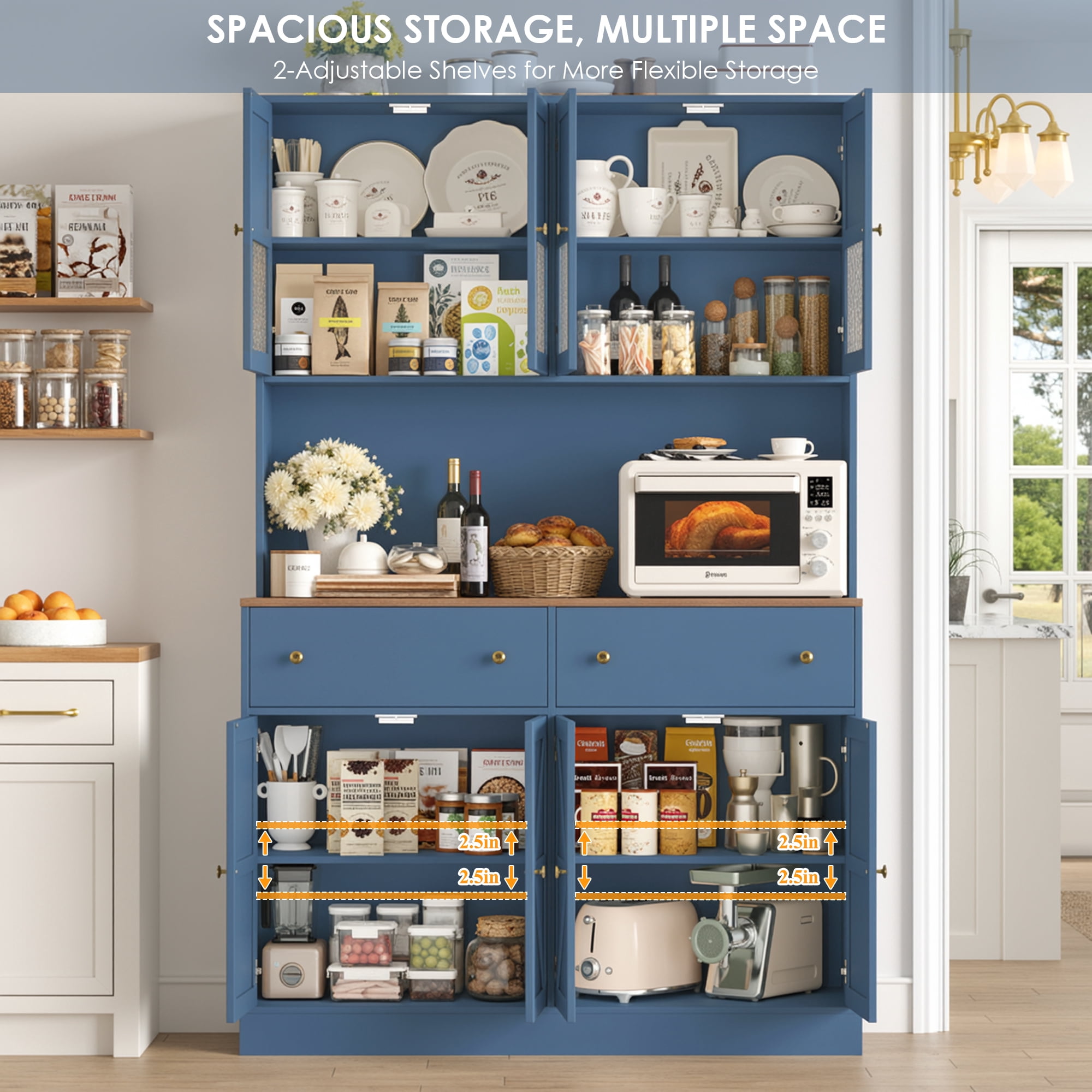 Homfa 8 Door Kitchen Pantry Cabinet with 2 Drawer, 71" LED Buffet Cabinet with & Charging Station & USB Port, Blue