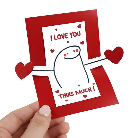 Tarjeta desplegable de San Valentín con texto «Te quiero tanto», con sobres y pegatinas