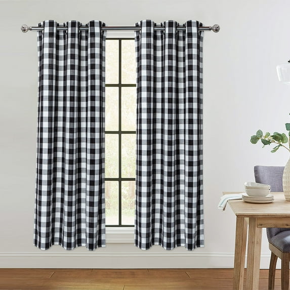 GlowSol Farmhouse Curtain 45 inches Length Light Filtering Plaid Window Curtain Drapes for Dining Room Living Room, Black White, 2 Panels
