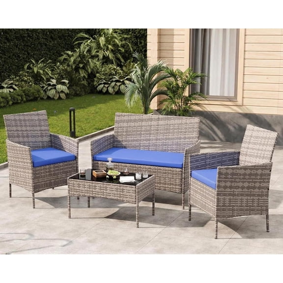 4 Pcs Outdoor Furniture Set, PE Rattan Wicker Patio Conversation Set with Tempered Glass Coffee Table, Cushioned Chairs & Loveseat for Garden, Poolside