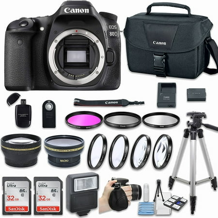 Canon EOS 80D DSLR Camera (Body Only) with Bundle - Includes 58mm HD Wide Angle Lens + 2.2x Telephoto + 2Pcs 32GB Sandisk SD Memory + Filter & Macro Kit & More