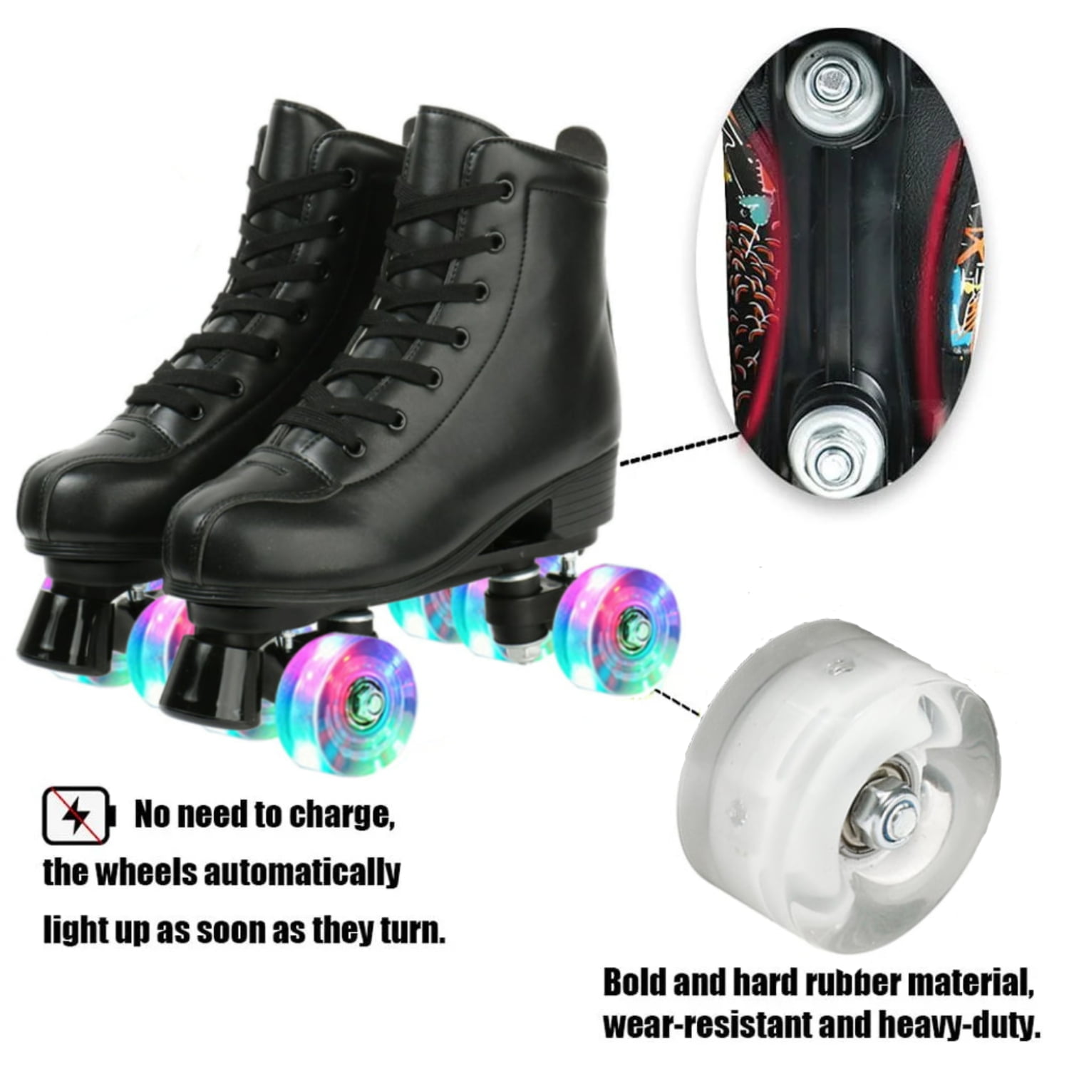 FACNOATIHN Roller Skate, Classic Fashion Skates for Adults Kids with Light up Wheels, Black(Women's 8.5 / Men's 7)