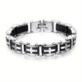 thumbnail image 2 of Men's 316 stainless steel bracelet with black silicone inlaid cross pattern - retro hip-hop style durable metal design, suitable for casual outfits,Silver, 2 of 11