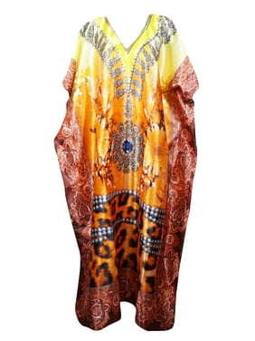 Mogul Women Yellow Maxi Caftan Dress Jewel Print Rhinestone Beach Cover Up Kimono Kaftan One Size