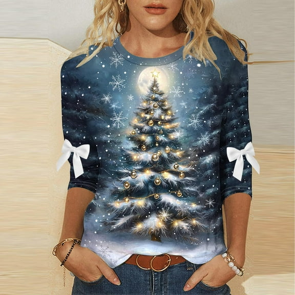 Women's Plus Size Christmas Round Neck Three-Quarter Sleeve Casual Loose Blouse