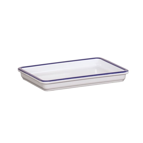 Cal-Mil 3505-15 9 x 6.5 x 1 in. Enamelware Rectangular Melamine Serving Tray with Blue Rim, White