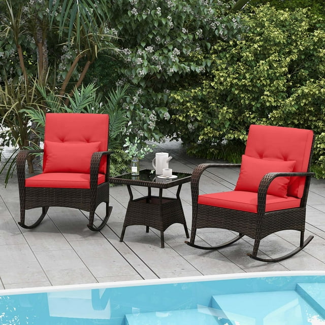 Costway 3 PCS Rocking Bistro Set with Removable Cushions & Tempered Glass Top Coffee Table Red
