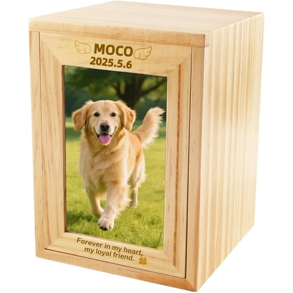 Personalized Pet Urns Box for Ashes - Handcrafted Pine Wood Memorial Box with Acrylic Photo Frame Custom Engraved Name & Message for Dog Cat Pet Funeral Cremation Urn Keepsake Pet Memorial Gift