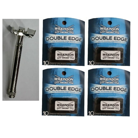 Double Edge Safety Razor + Wilkinson Sword Double Edge Razor Blades, 10 ct. (Pack of 4) + Schick Slim Twin ST for Sensitive