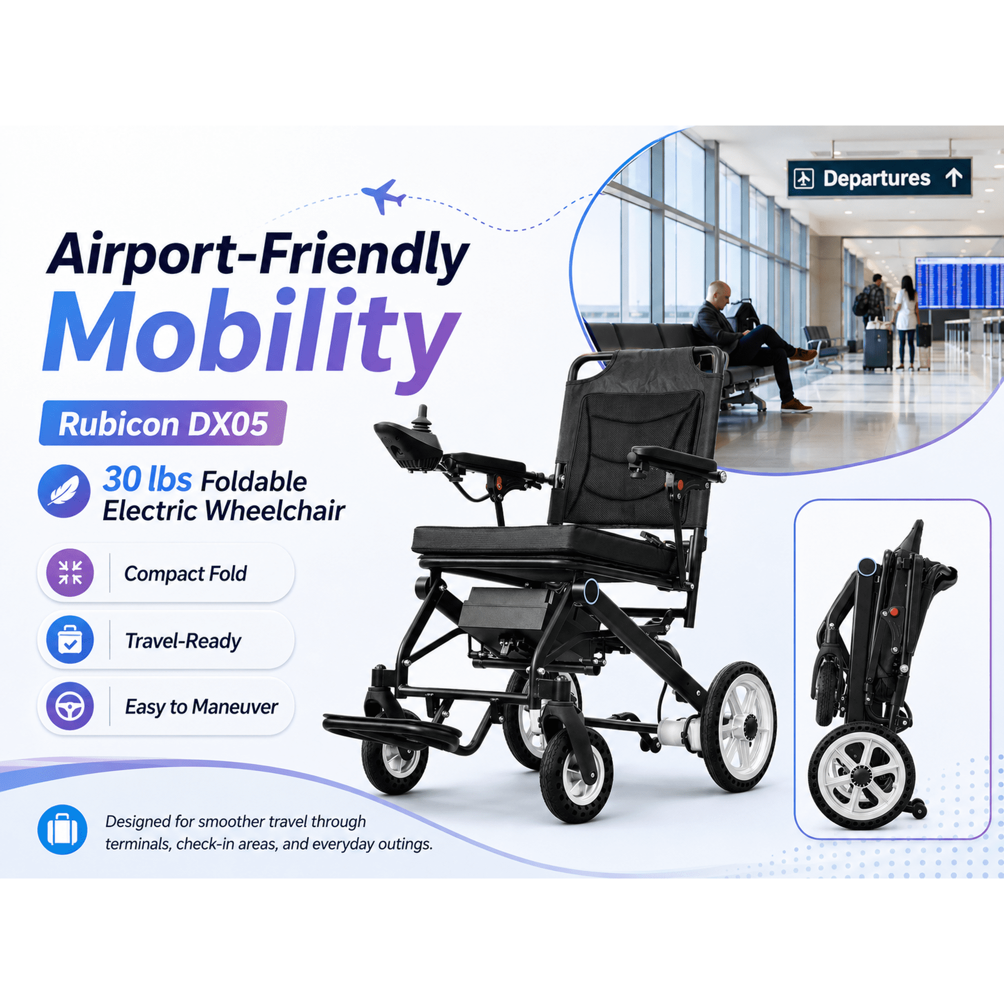 Rubicon DX05 – Lightest Foldable Electric Wheelchair for Travel & Daily Use | 30 lbs, Portable & Lightweight - Airline Approved, 10-Mile Range