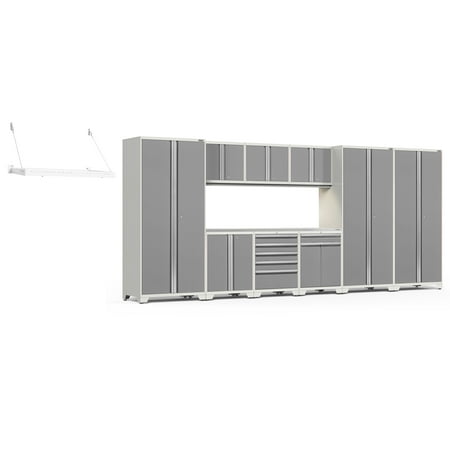 

NewAge Products Pro Series Platinum 11 Piece Cabinet Set Heavy Duty 18-Gauge Steel Garage Storage System LED Lights / Wall Mounted Shelf Included