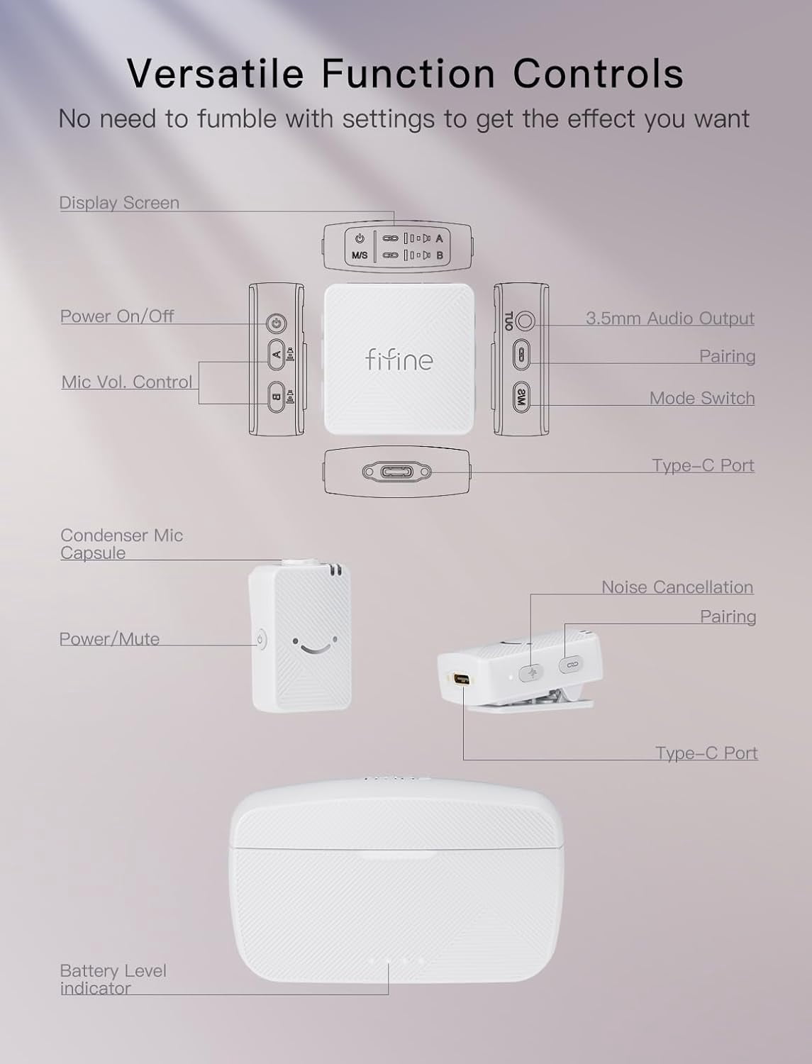 FIFINE M9 Dual Wireless Lavalier Microphones with Receiver for iPhone/Android/Camera, Mini Mics, Mute, 50m Stable Connect for Vlog, Video, Interview, White