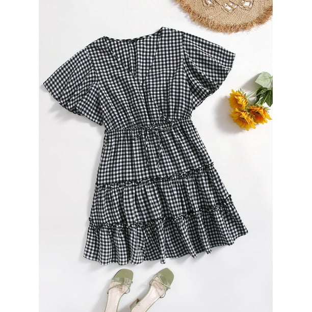 Download Olrik Clothing Women S Plus Size Butterfly Sleeve Layered Hem Gingham Dress Walmart Com Walmart Com