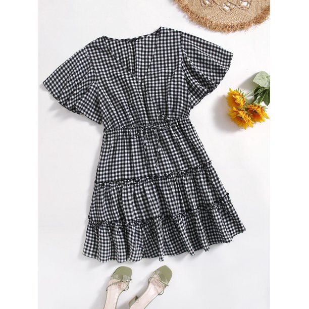 Download Olrik Clothing Women S Plus Size Butterfly Sleeve Layered Hem Gingham Dress Walmart Com Walmart Com