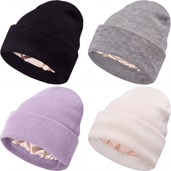 SUCUUI 4 Pack Satin Lined Beanie Hats for Women, Warm Winter Cuffed Acrylic Knit Beanies, Soft Satin Lining Hair Protection Hats, Gifts for Women