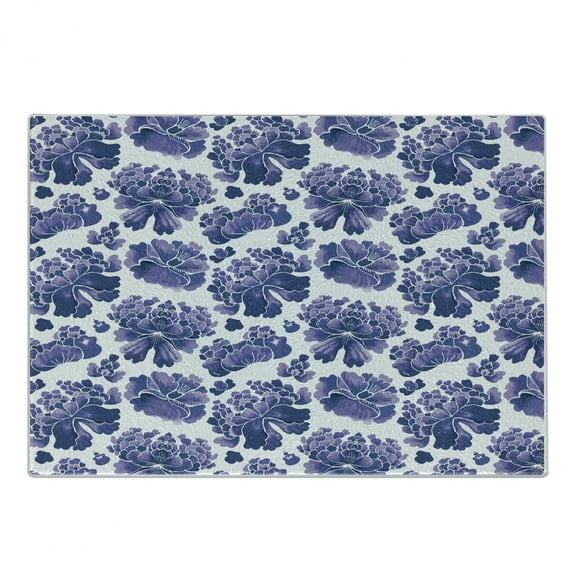 Traditional Cutting Board, Watercolor Chinese Lotus Purple Mallow Flowers Pattern, Decorative Tempered Glass Cutting and Serving Board, Small Size, Lilac Purple White, by Ambesonne