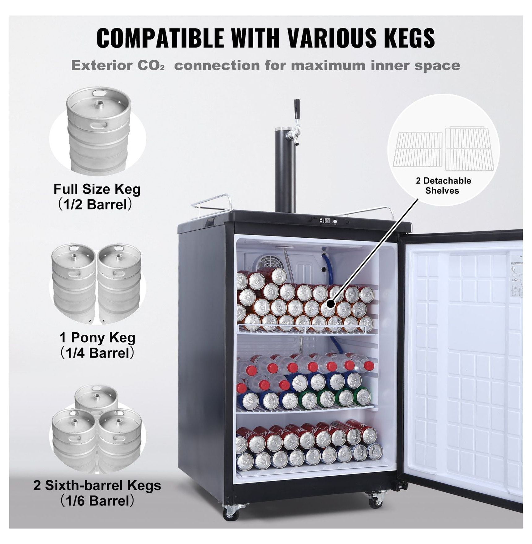 Beer Kegerator Single Tap Draft Beer Dispenser - Full Size Keg Refrigerator with CO2 Cylinder, Drip Tray & Rail - 32°F-75.2°F Temperature Control - Holds 1/6, 1/4, 1/2 Barrels