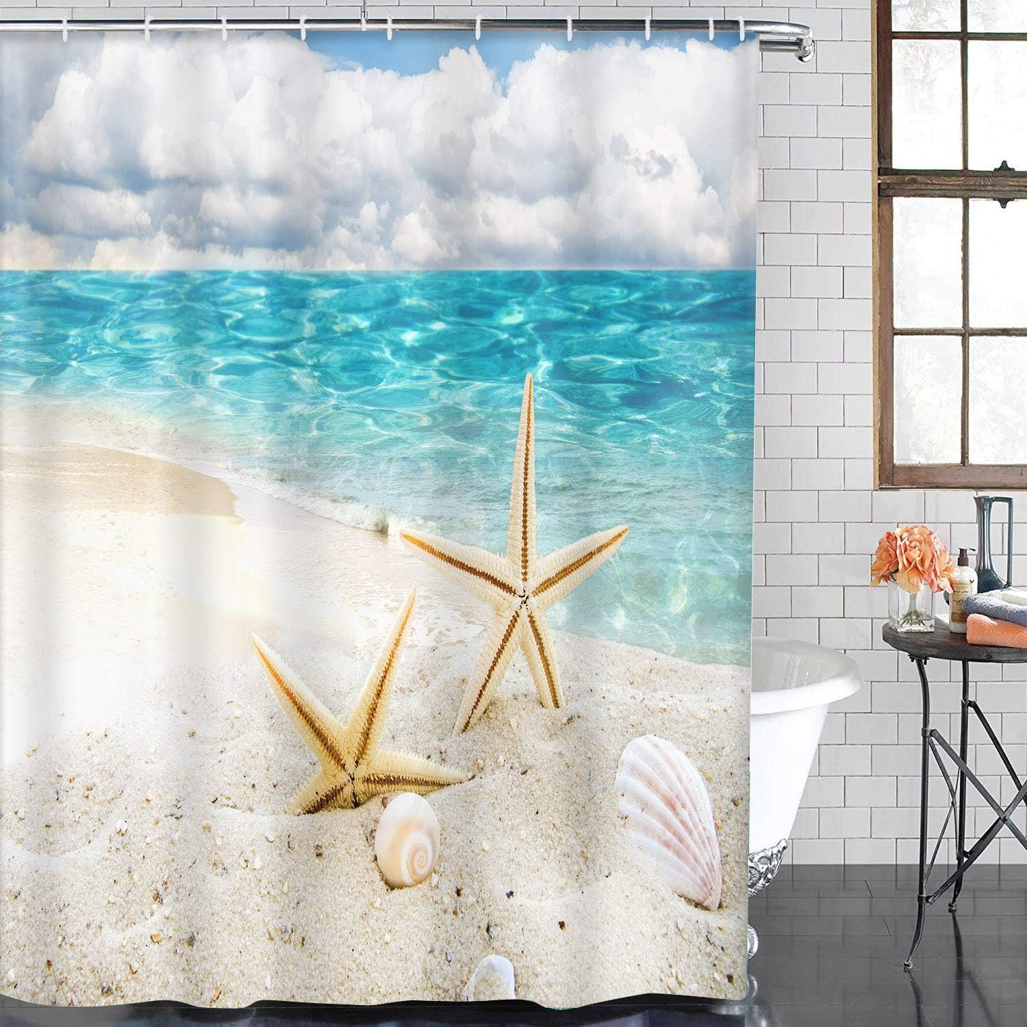 4 Pcs Shower Curtain Set Starfish Seashells Wooden Nautical Sand Beach Shell Sea Blue with Non-Slip Rugs Toilet Lid Cover and Bath Mat Bathroom Decor Set 72" x 72"