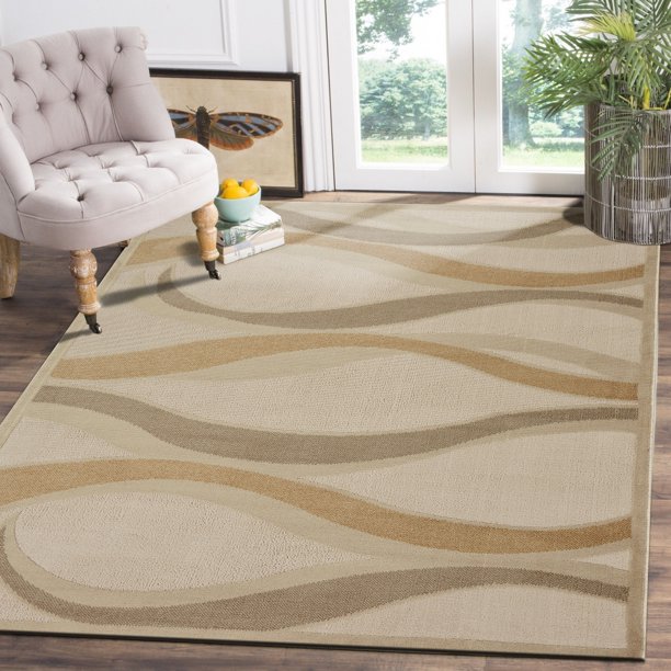LR Home Tranquility Cream 5 Ft. x 7 Ft. Coastal Wave Beach Area Rug