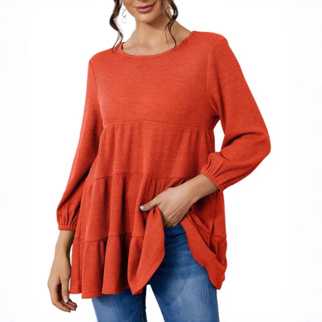 MeetoTime Long Sleeve Peplum Tops for Women Fall Babydoll Shirts Solid Color Crew Neck Tunics Pullover