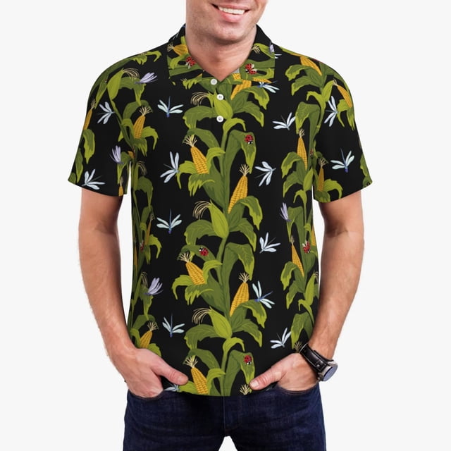 Balery Corn And Dragonflies Camisa Polo de Hombre con Estampado, de Manga Corta y Tejido Medio, Camisa Tipo Golf Polo-Large