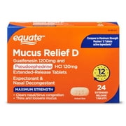 Equate 12 Hour Mucus Relief D Guaifenesin and Pseudoephedrine Extended Release Tablets, 1200 mg/120 mg, Maximum Strength 24 Count, Compare to Maximum Strength Mucinex D® Tablets Active Ingredients