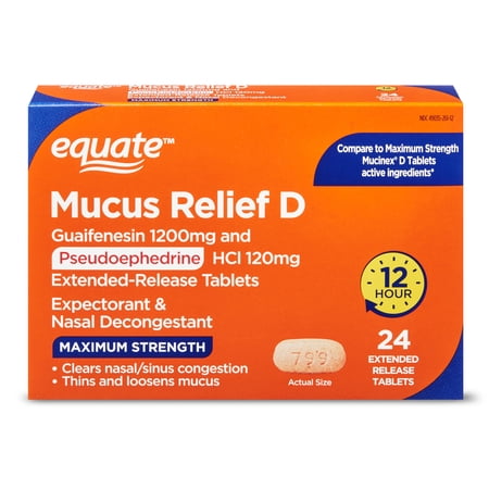 Equate 12 Hour Mucus Relief D Guaifenesin and Pseudoephedrine Extended Release Tablets, 1200 mg/120 mg, Maximum Strength 24 Count, Compare to Maximum Strength Mucinex D® Tablets Active Ingredients