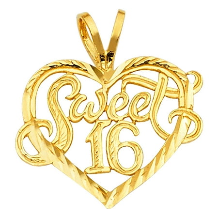 Sweet 16 Birthday Script Font Charm Diamond Cut Polish 14k Yellow Solid Gold Heart Pendant Necklace Fine Jewelry Gift
